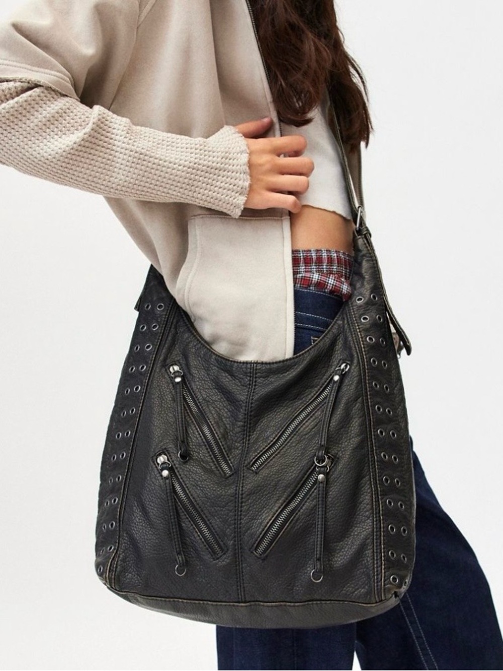 Silence + Noise Zipper Hobo Shoulder Bag, Black Leather with Zipper Accents